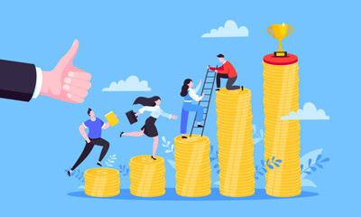 Business mentor helps improve career and money stacks growing. He holds stairs steps vector illustration. Mentorship, upskills, climb help self development strategy flat style design business concept.