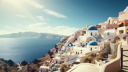 Greek city with white and blue houses by the sea. Background wallpaper - obrazy, fototapety, plakaty
