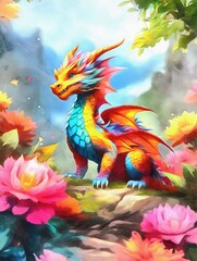 Fototapeta na wymiar Dragon with flowers AI watercolor