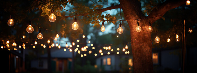 Outdoor string lights hanging on a line on outside house in backyard. Garden decoration. Party camping