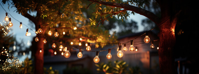 Outdoor string lights hanging on a line on outside house in backyard. Garden decoration. Party camping