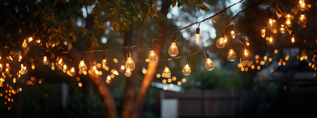 Outdoor string lights hanging on a line on outside house in backyard. Garden decoration. Party...