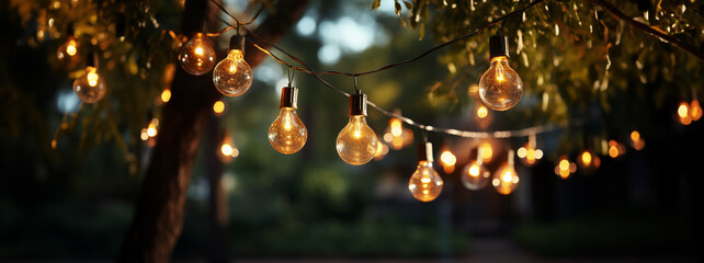 Outdoor string lights hanging on a line on outside house in backyard. Garden decoration. Party camping