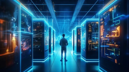 man writing in big sized room with computer desk