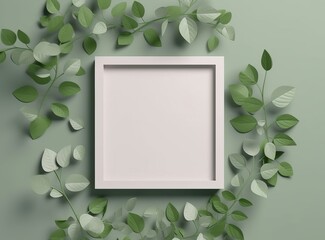 empty white poster with green leaves around it