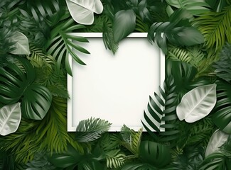 empty white poster with green leaves around it