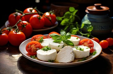 White cheese with tomato and olive oil.
