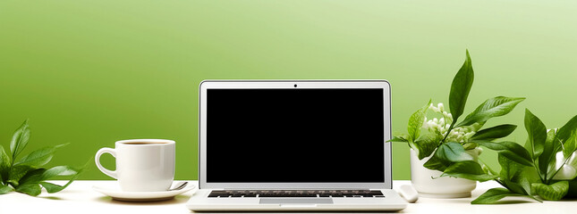 Feminine workspace with laptop, flowers and office supply in front of light background. Banner, AI Generated