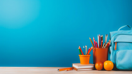 School desk with bag and school accessory on blue background with copy space.3D Rendering, 3D Illustration