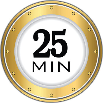 25 minute icon. Symbol for product labels. Different uses such as cooking time, cosmetic or chemical application time, waiting time . 25min time circle icon. isolated background.