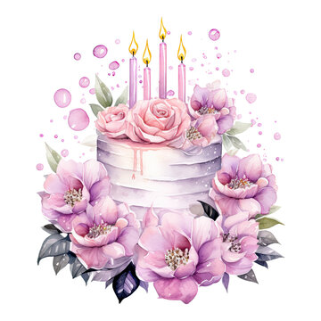Happy birthday cake with candles and flowers. Watercolor illustration