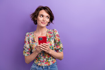 Photo of pretty cute lady wear trendy summer clothes hold iphone look empty space buy modern...