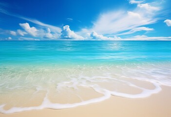 sunny beach scene with an ocean - obrazy, fototapety, plakaty
