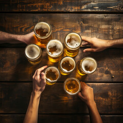 Top down view of hands holding beer glasses on a wooden table. Concept of Oktober Fest and drinking with friends.  - obrazy, fototapety, plakaty