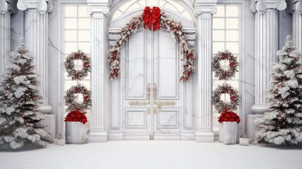 Fototapeta na wymiar Porch and front door with beautiful Christmas decor created with Generative AI technology