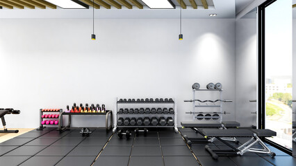Modern gym interior with sport and fitness gym equipments, fitness center interior, 3D Rendering