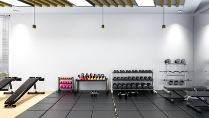 Modern gym interior with sport and fitness gym equipments, fitness center interior, 3D Rendering - 636206757