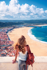 Fototapeta na wymiar Woman in Portugal, beautiful beach in Nazare