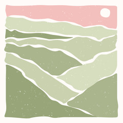 Contemporary abstract minimalistic landscape poster. Pink and green Mountains. Back to nature. Pastel colors. Boho mid-century art print. Flat design. Stock vector illustration