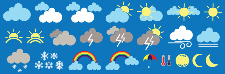 Set of colored flat weather icons vector illustration.
