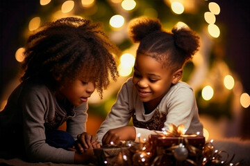 Obraz na płótnie Canvas black kids celebrate Christmas with gifts