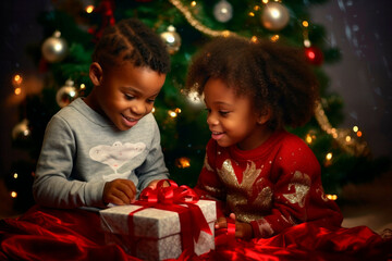 Fototapeta na wymiar black kids celebrate Christmas with gifts