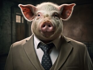 face of pig in suit and tie