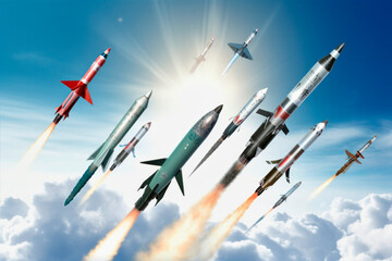 ballistic missiles in flying in the sky. Concept of nuclear war.