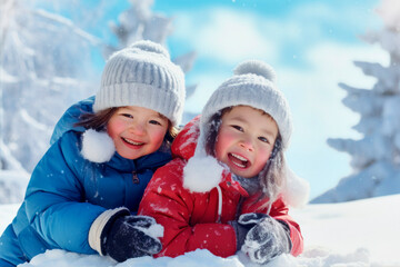 Fototapeta na wymiar kids having fun and playing in the snow