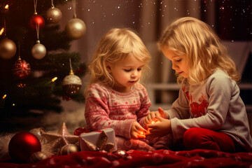 Obraz na płótnie Canvas kids celebrate Christmas with gifts