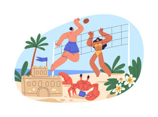 Happy people play beach volleyball. Couple during sport game, volley ball, funny crawfish, sand castle on summer holiday, vacation at sea resort. Flat vector illustration isolated on white background