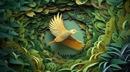 Flying bird paper cut wavy background.