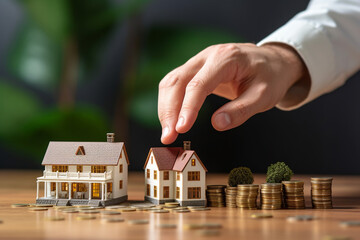 business man putting coin increase on coins stacking with house model while preparation to saving for property investment and house loan.