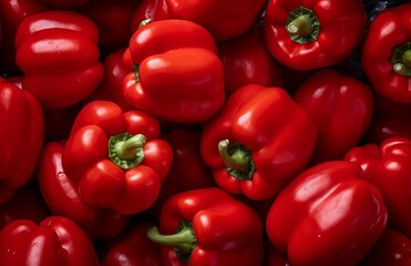 Red peppers on counter in the supermarket - obrazy, fototapety, plakaty