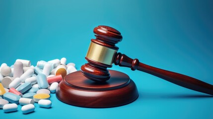 Gavel with pills. medical concept. Medical law and crime created with Generative AI technology