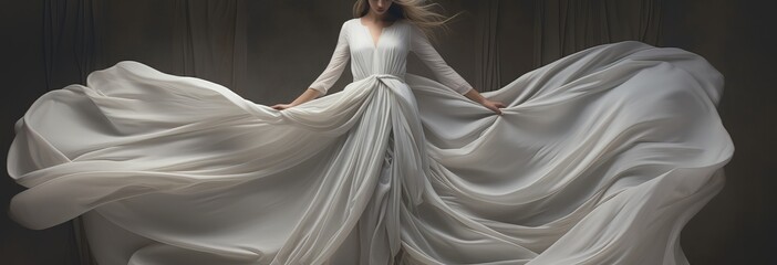 woman in white dress standing on gray background