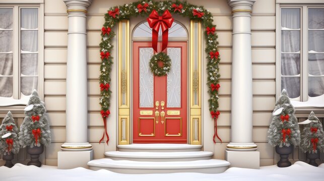 Porch and front door with beautiful Christmas decor created with Generative AI technology