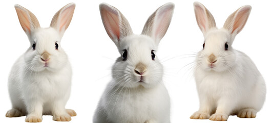 Collection of three white rabbits (portrait, sitting), animal bundle isolated on a white background as transparent PNG - obrazy, fototapety, plakaty