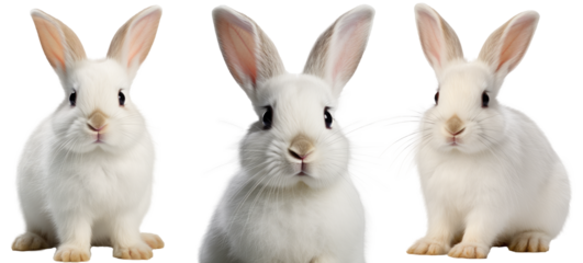 Collection of three white rabbits (portrait, sitting), animal bundle isolated on a white background as transparent PNG
