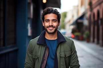 Obraz premium A colorful portrait of a young Middle Eastern man in casual clothes, ready for new challenges and adventures in his entrepreneurial journey, with a vibrant and edgy urban background. Generative AI