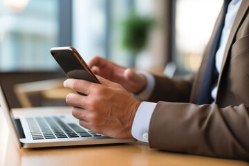 a man hands holding a smartphone in an office setting. The person is wearing a suit and sitting at a desk with a laptop in front of them. Generative AI