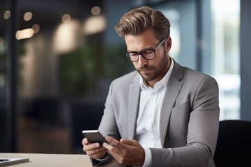 a man sitting in a modern office space. He is sitting on a blue chair with a wooden desk in front of him. The man is holding a phone in his hands and appears to be looking at it. Generative AI