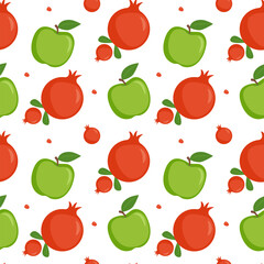 Seamless background of ripe fruits. Pattern of pomegranate and apple. Can be used for wallpaper, fabric, wrapping paper or decor. Vector illustration