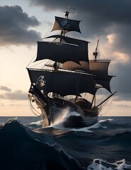 A black pirate sailboat glides in the sea.