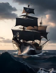 Poster A black pirate sailboat glides in the sea. © tuchkay