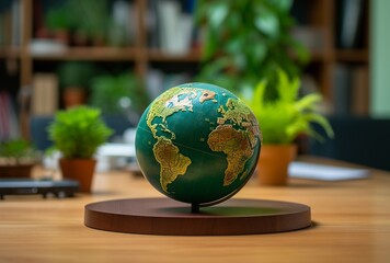 earth on table in an office with green background