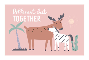 Cute Scandinavian animals, kid card design. Funny zebra and elk couple, friends, postcard background in Scandi style. Adorable sweet mammals in nature, Different but Together. Flat vector illustration