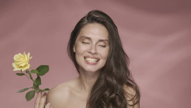 A seminude woman holds a yellow rose on a long stem. A woman grabs a rose petal with her teeth in a studio on a pink background. Spring and summer inspiration. HDR BT2020 HLG Material.