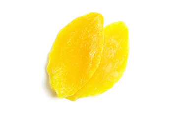 Dried mango slices isolated on white background. Two dehydrated mango slices. Candied mango fruits