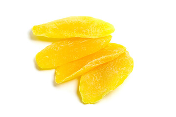 Candied mango fruit chips isolated on white background. Dry dehydrated mango slices
